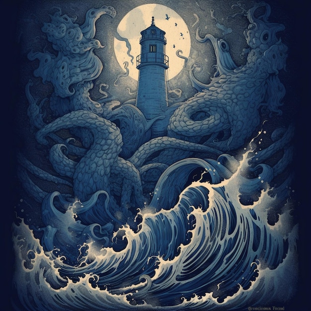 une affiche pour un phare avec un phare sur le dessus.