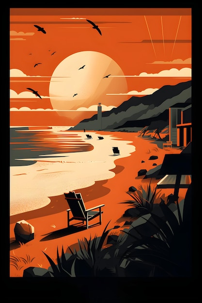 Une affiche pour une plage avec un coucher de soleil et une chaise dessus.