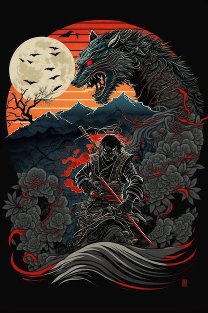 Une affiche pour un samouraï avec un loup et une lune en arrière-plan.