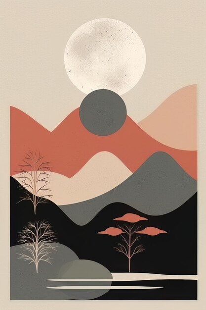 Une affiche pour une scène de montagne avec une lune et une lune.