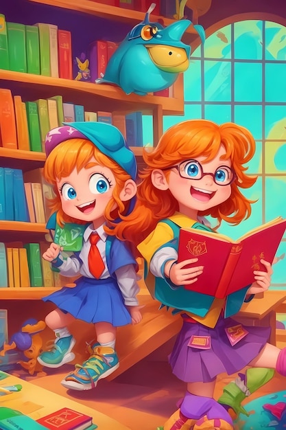 une affiche pour la série animée de personnages lisant un livre.