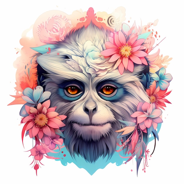 une affiche pour un singe avec des fleurs et une photo d'un singe