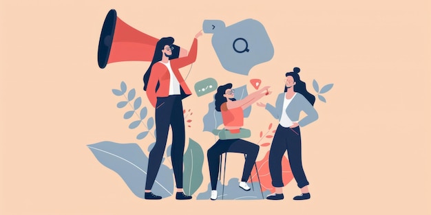 une affiche pour un spectacle comique montre des gens qui parlent et un mégaphone