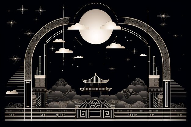 une affiche pour un temple avec une lune et des nuages en arrière-plan