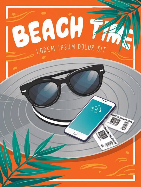 une affiche pour le temps de plage montrant un téléphone flip et des lunettes de soleil