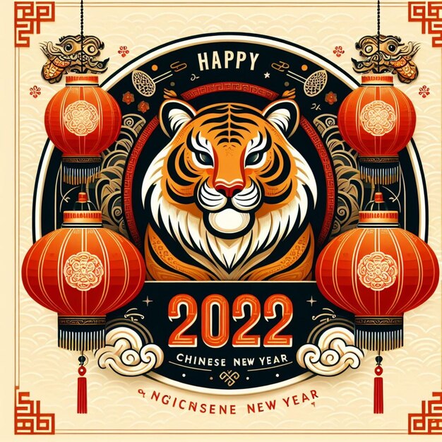 une affiche pour un tigre avec des lanternes chinoises dessus