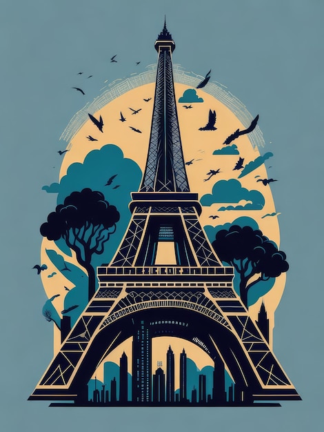 Une affiche pour la tour eiffel avec un fond bleu et des oiseaux qui volent autour.