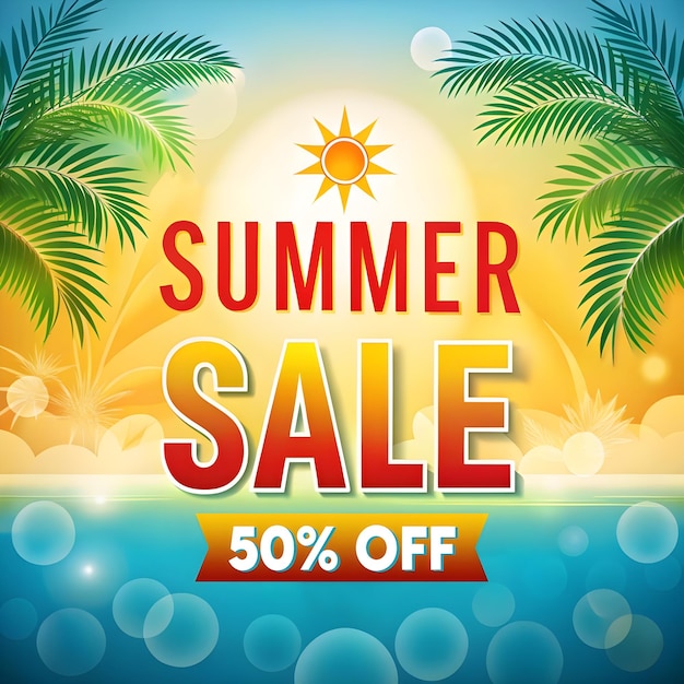 une affiche pour la vente d'été avec des palmiers et un soleil en arrière-plan