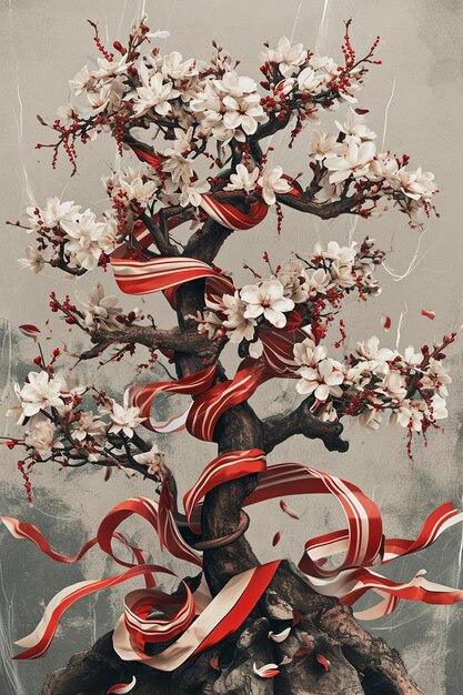 Affiche présentant une illustration stylisée d'un arbre en fleurs avec des rubans Martisor rouges et blancs ti