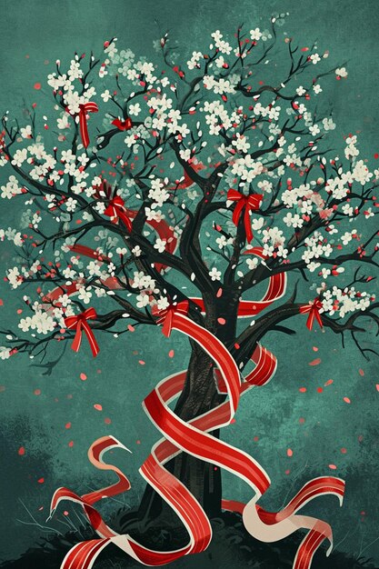 Affiche présentant une illustration stylisée d'un arbre en fleurs avec des rubans Martisor rouges et blancs ti