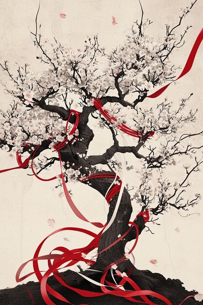 Affiche présentant une illustration stylisée d'un arbre en fleurs avec des rubans Martisor rouges et blancs ti