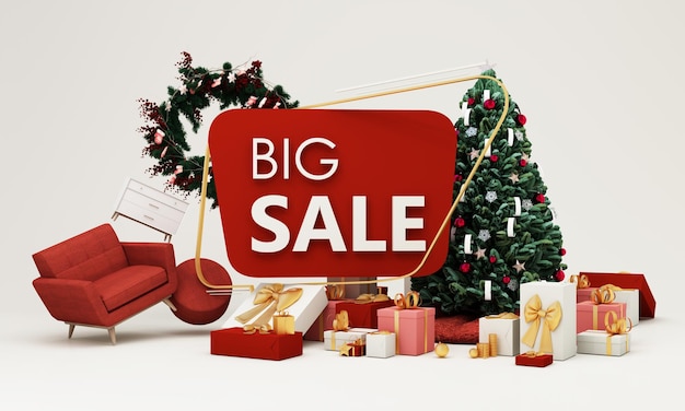 Photo affiche de promotion de la vente de noël joyeux avec affichage de produits et décoration festive et boîte cadeau arbre de noël et meubles sur fond blanc rendu 3d