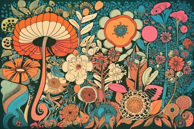 Photo affiche psychédélique vintage avec illustration fantaisiste de fleurs créées avec une ia générative