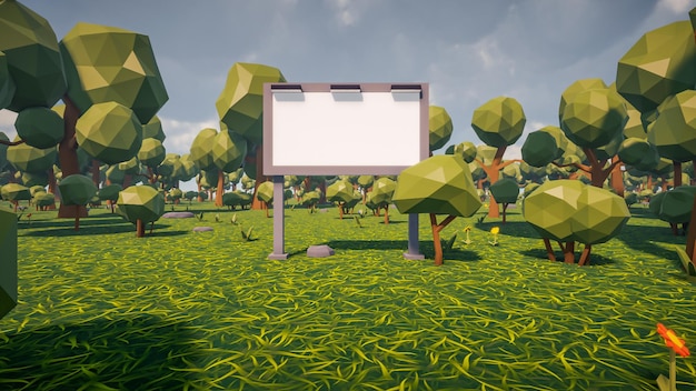 Affiche publicitaire blanche au centre d'un décor de réalité virtuelle Rendu 3d paysage low poly