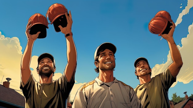 une affiche de quatre hommes tenant des chapeaux qui disent équipe