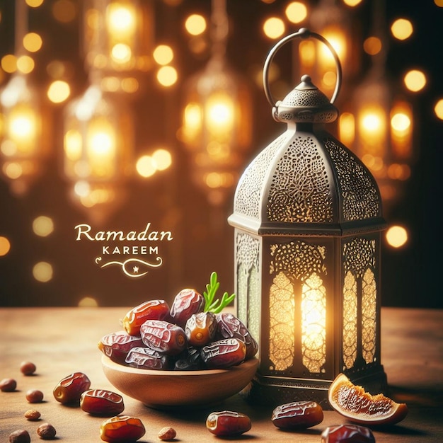 Une affiche de Ramadan Kareem avec une lanterne en arrière-plan