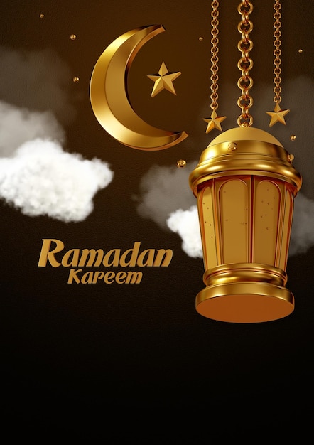 Photo affiche de rendu 3d bannière verticale ramadan kareem lanterne lanterne religion dorée fond islam