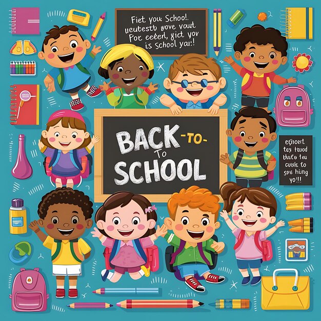 Une affiche de retour à l'école avec des enfants et des fournitures scolaires