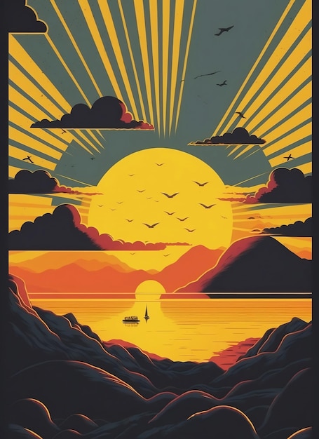 Affiche rétro d'un paysage marin avec des vagues, des mouettes et des nuages Lever et coucher du soleil Imprimerie Backgrou