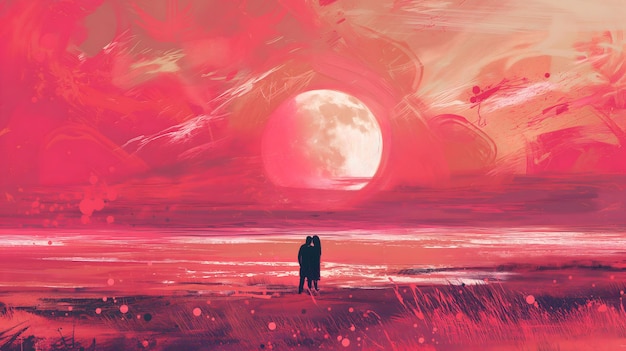 Une affiche romantique pour la Saint-Valentin, un couple, une pleine lune, une mer rose, un paysage magique boho.