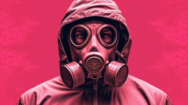 Une affiche rose avec un homme portant un masque à gaz