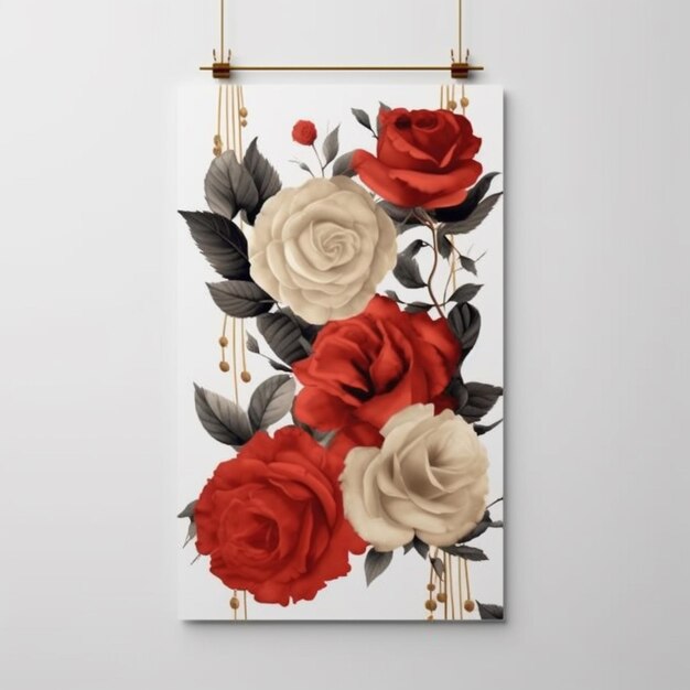 une affiche avec des roses rouges et beige accrochées à un mur génératif ai