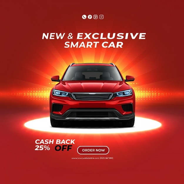 une affiche rouge pour la nouvelle voiture et la voiture intelligente avec le texte nouvelle voiture sur l'écran