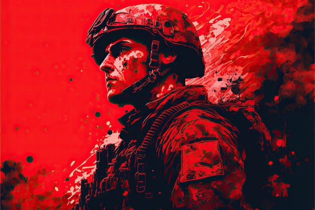 Une affiche rouge avec un soldat au milieu.