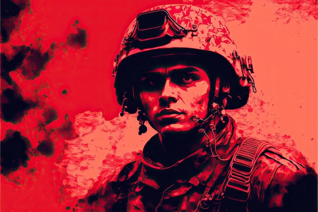 Une affiche rouge avec un soldat dans un casque et un fond rouge.