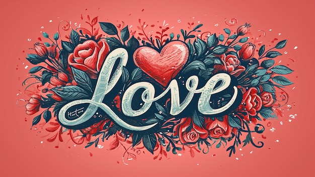 Affiche de la Saint-Valentin écrite Love in it avec des fleurs dans une ambiance rétro Generative AI