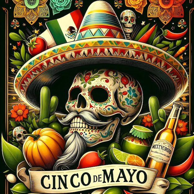 une affiche de la saison mexicaine mexicaine avec un crâne et une bouteille de corona