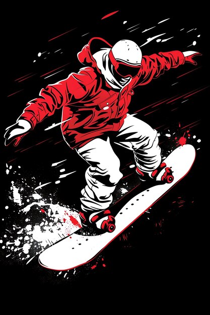 une affiche d'un snowboarder dans une veste rouge et une veste rouge