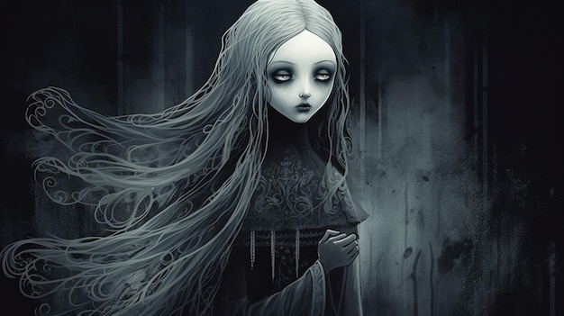 Une affiche sombre d'une femme aux cheveux longs et aux longs cheveux blancs avec les mots "le mot" sur le devant. '