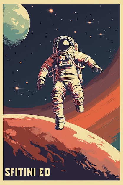 affiche spatiale rétro vintage avec un astronaute volant dans le ciel dans le style de l'aventure vibre sur le thème