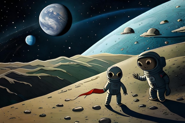 Photo une affiche de la station spatiale montre quelques astronautes sur la lune.