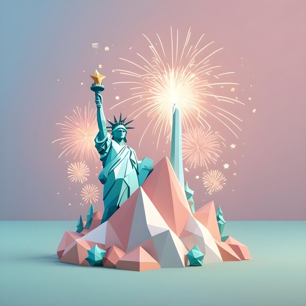 Photo une affiche avec la statue de la liberté et des feux d'artifice en pastel