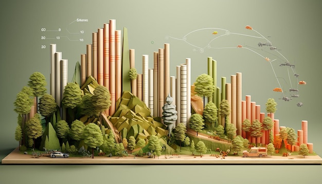 une affiche de style infographique 3D montrant un graphique à barres composé d'arbres de différentes hauteurs