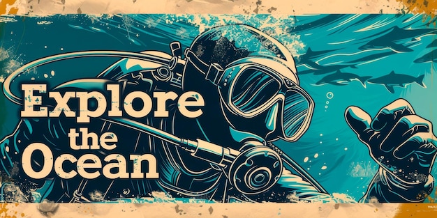 Photo une affiche de style rétro avec un plongeur sous-marin et explore the ocean