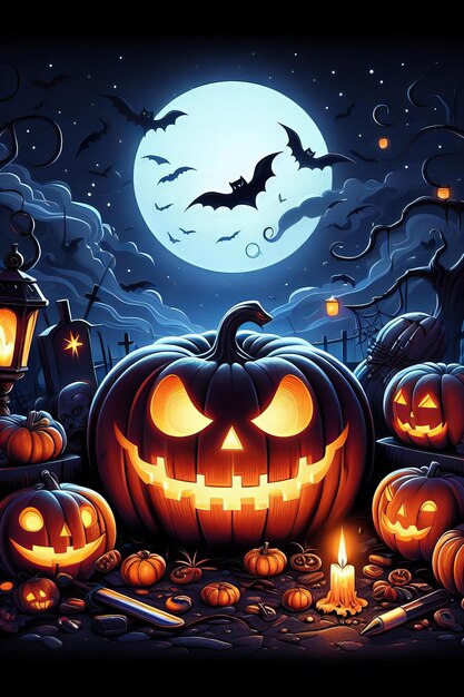 Une affiche sur le thème d'Halloween avec une citrouille et un smiley dessus