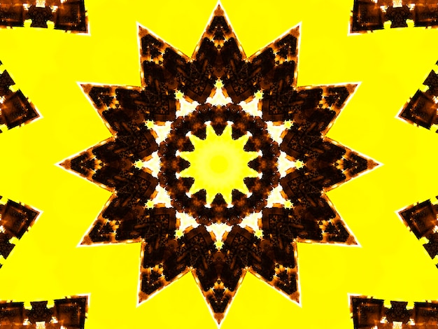 Affiche thème rétro, couleur beige jaune avec une étoile noire au centre. Motif kaléidoscopique et cubique.