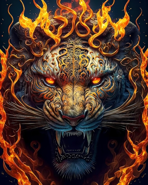 Une affiche d'un tigre avec des flammes dessus