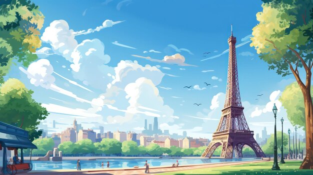 Affiche de la tour Eiffel en journée ensoleillée avec vue sur le ciel bleu