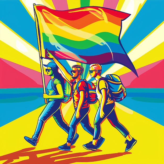 Photo une affiche avec trois hommes portant un drapeau arc-en-ciel