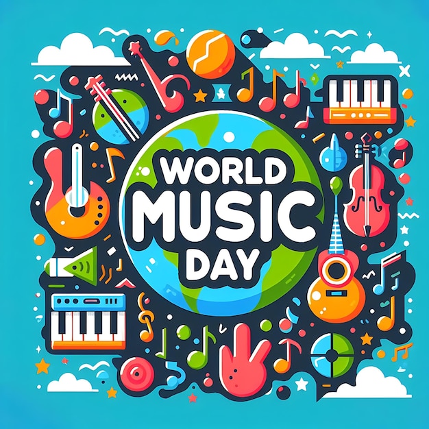 une affiche vectorielle de musique mondiale avec un fond bleu avec un monde de musique