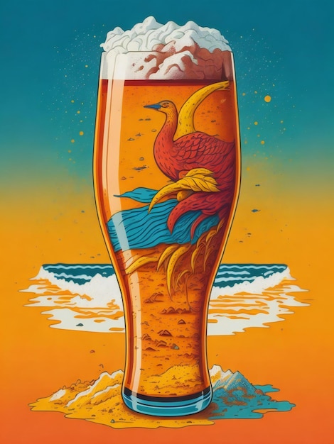 une affiche avec un verre de bière sur la plage