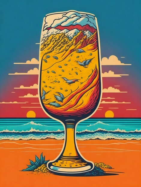 une affiche avec un verre de bière sur la plage