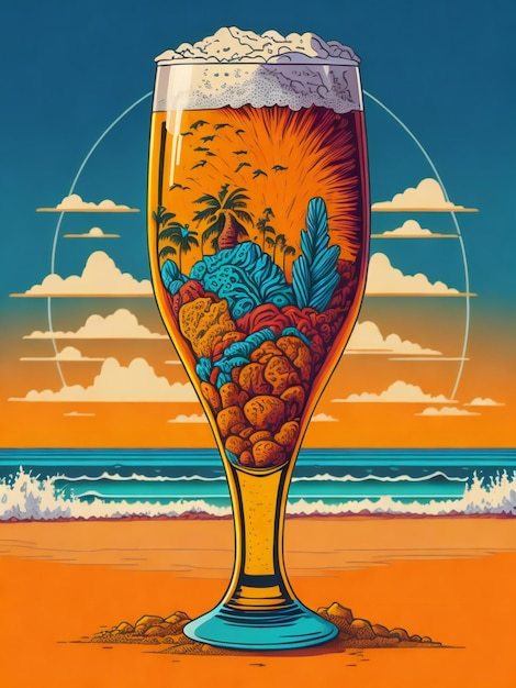 une affiche avec un verre de bière sur la plage