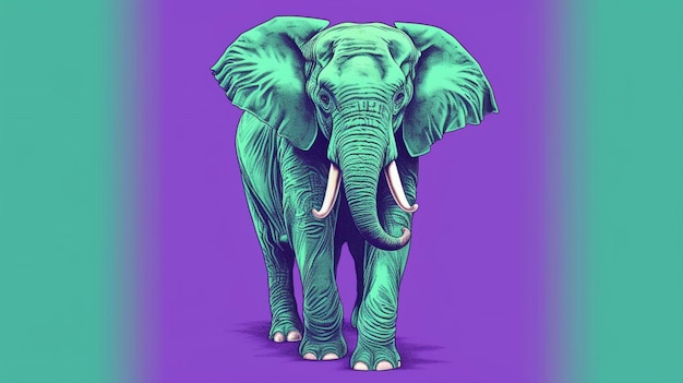 Une affiche verte d'un éléphant avec une chemise violette