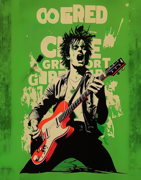 une affiche verte avec un homme jouant de la guitare et les mots le mot dessus