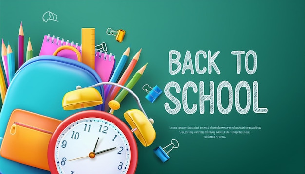 une affiche verte avec une horloge et un panneau scolaire avec un panneaux scolaire avec une heure et des crayons